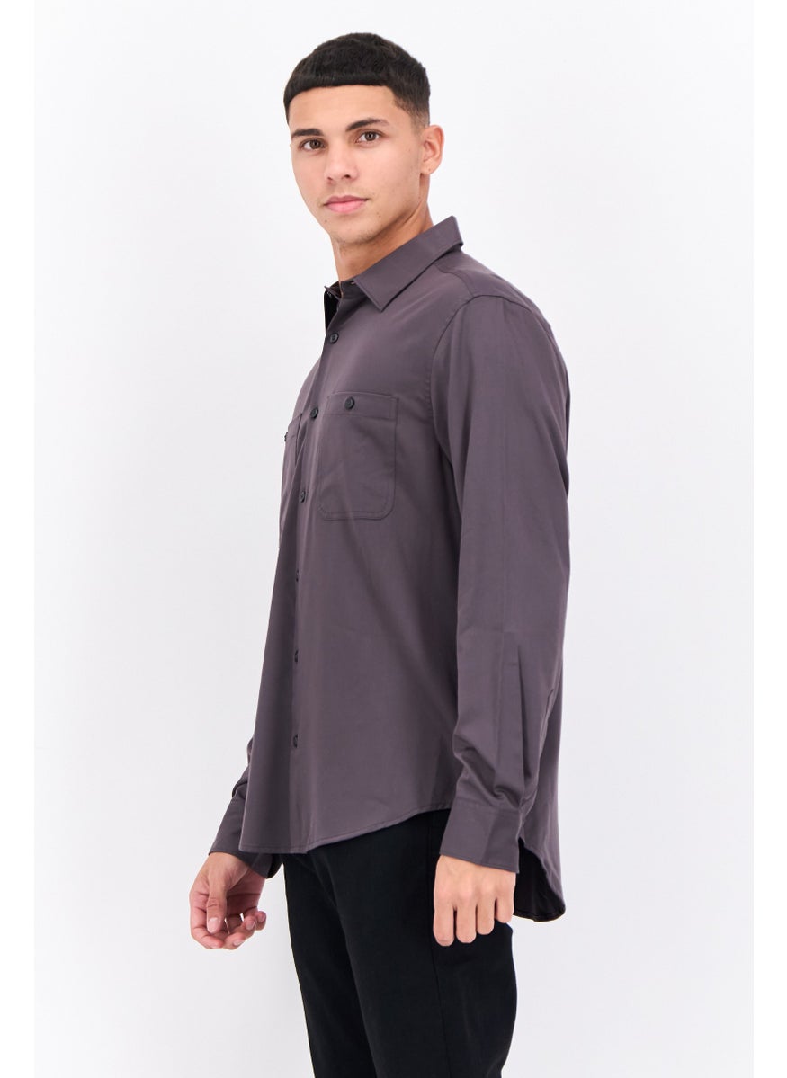 Men Regular Fit Solid Long Sleeves Casual Shirt, Dark Grey