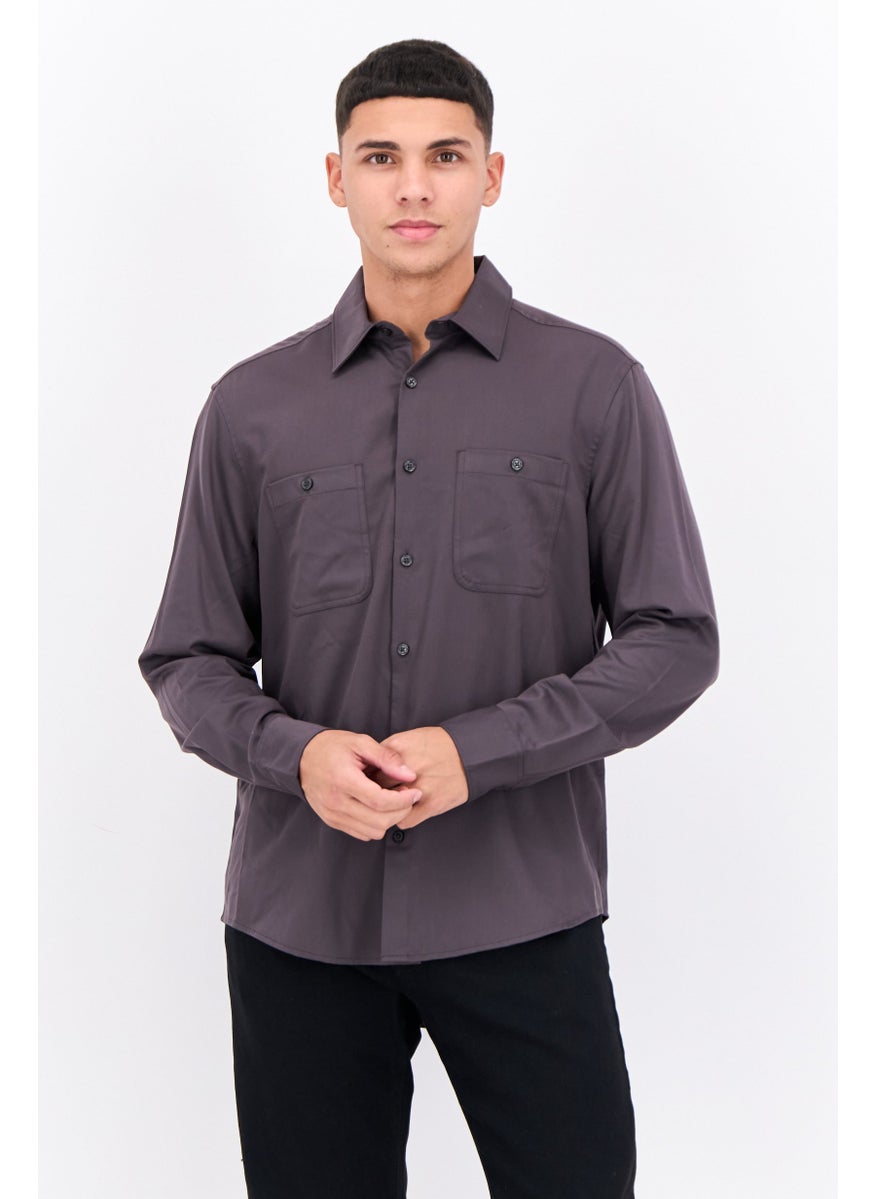 Men Regular Fit Solid Long Sleeves Casual Shirt, Dark Grey