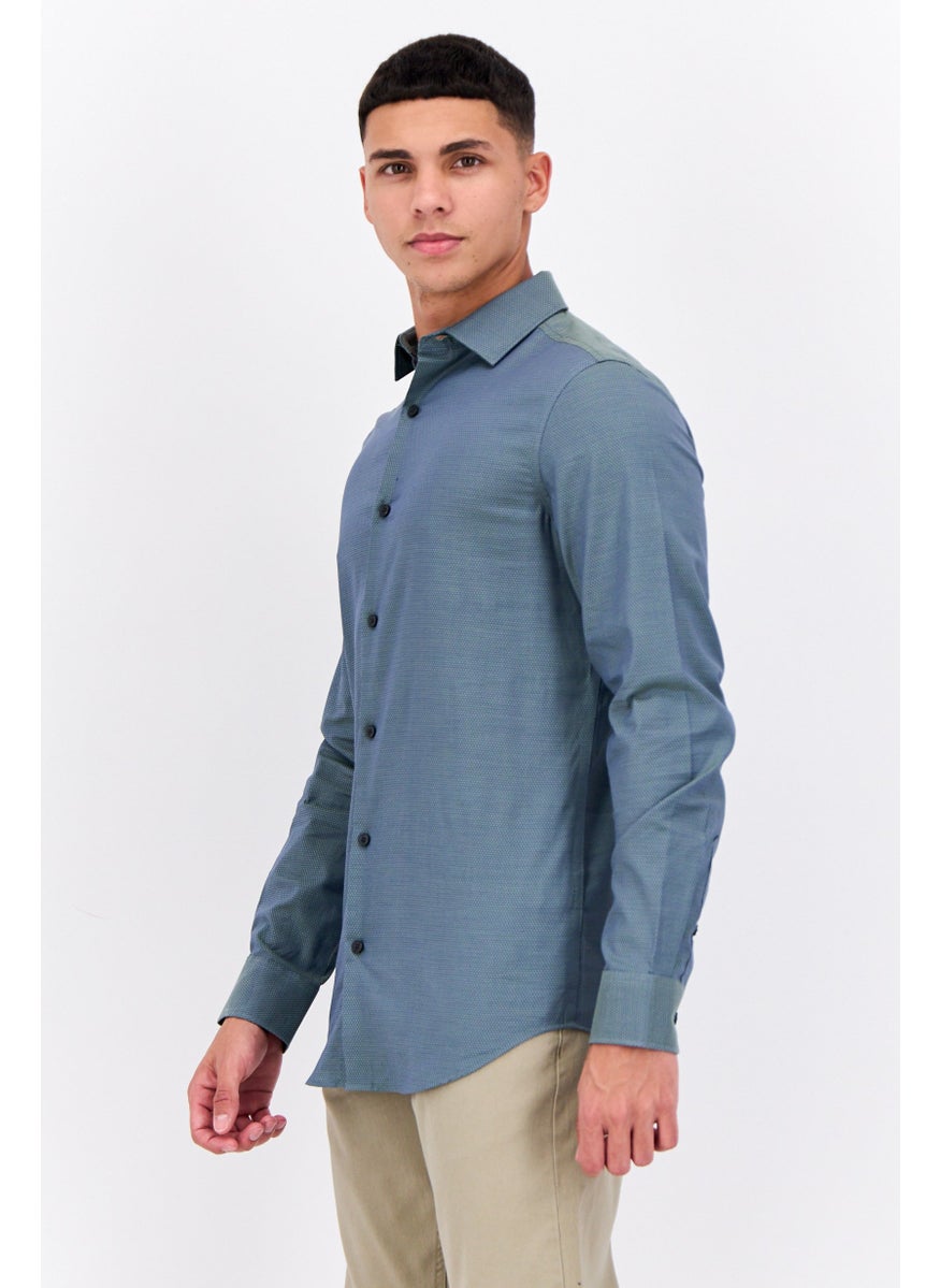 Men Slim Fit Birdseye Long Sleeves Casual Shirt, Dark Sage Green