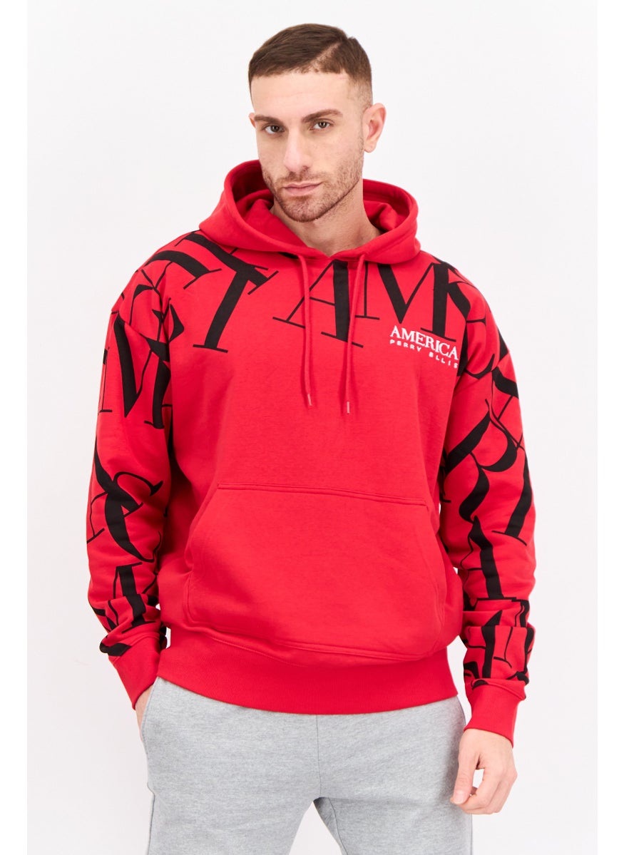 Men Hooded Long Sleeve Embroidered Sweatshirt, Red Combo