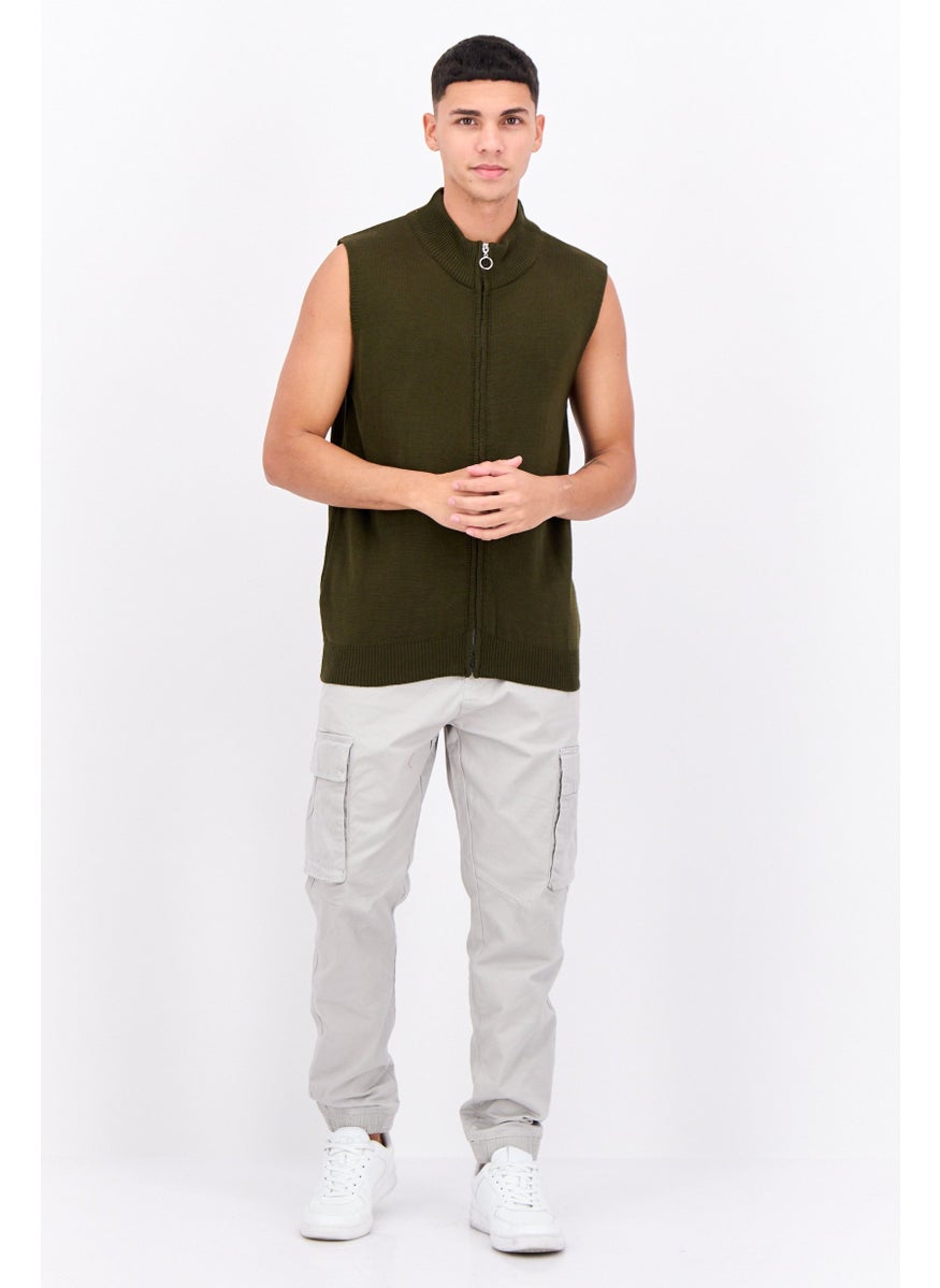 Men Mock Neck Sleeveless Knitted Vest, Khaki