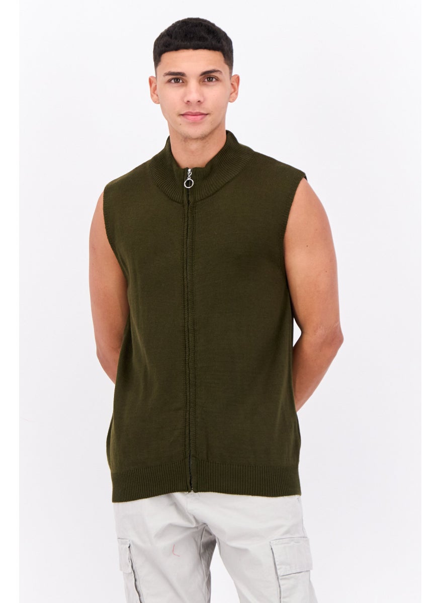 Men Mock Neck Sleeveless Knitted Vest, Khaki