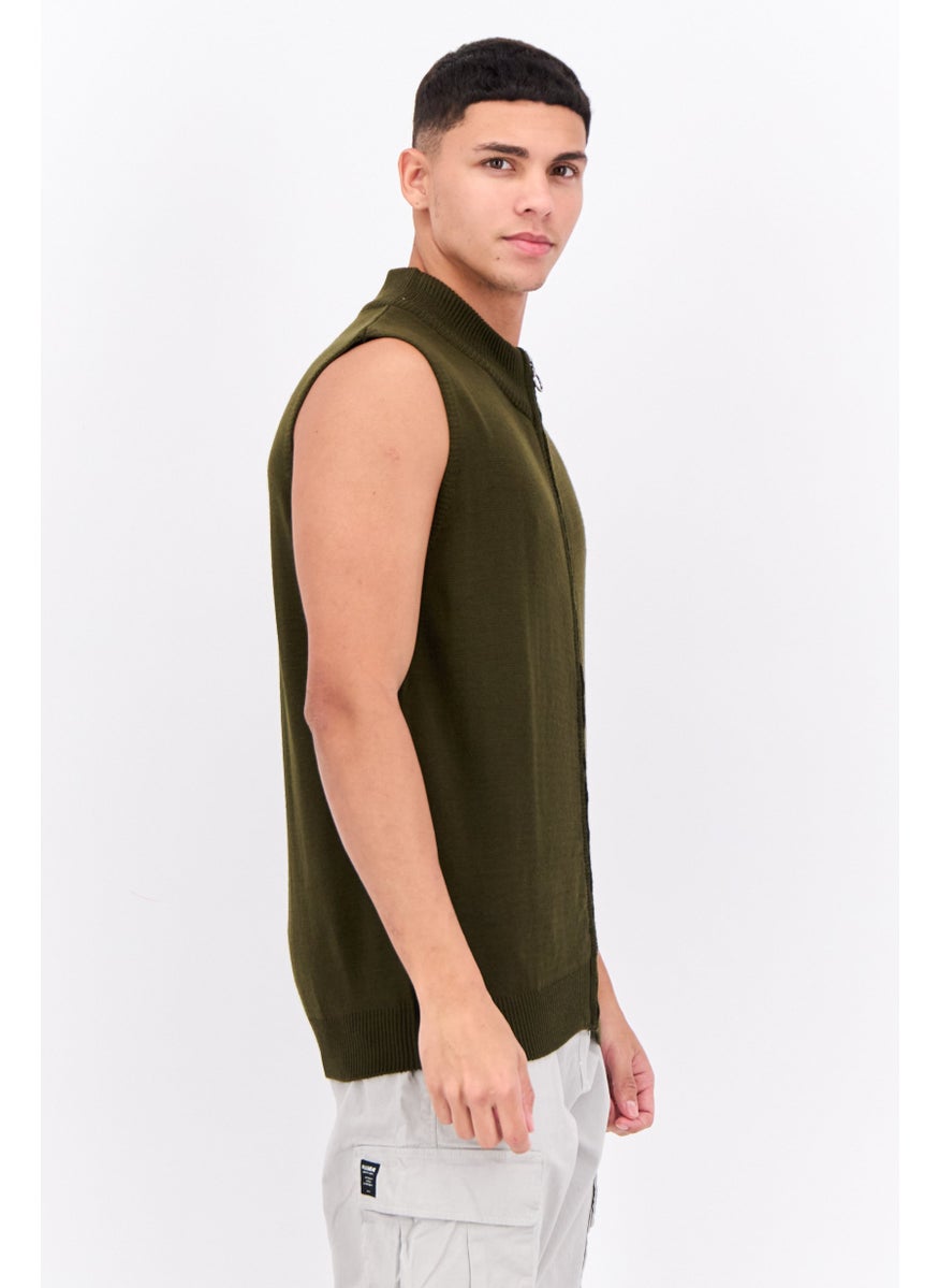 Men Mock Neck Sleeveless Knitted Vest, Khaki