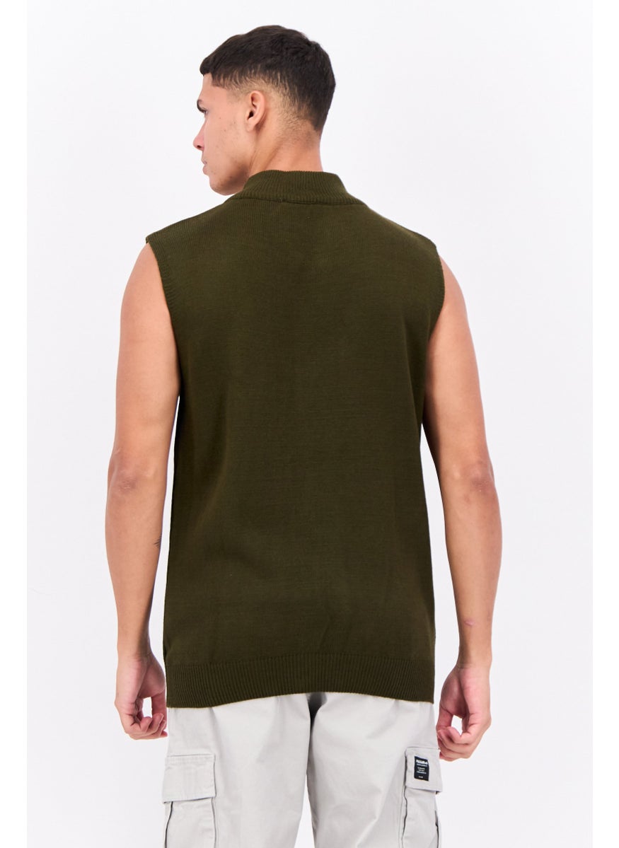 Men Mock Neck Sleeveless Knitted Vest, Khaki