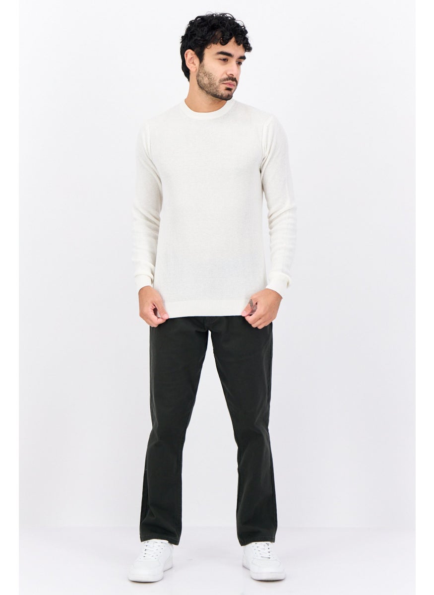 Men Crew Neck Knitted Long Sleeves Sweater, Off White