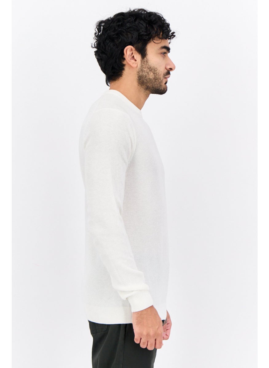 Men Crew Neck Knitted Long Sleeves Sweater, Off White