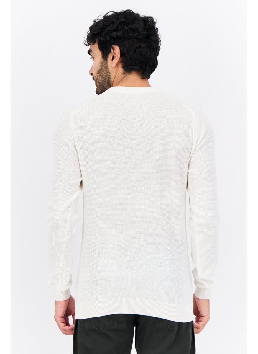 Men Crew Neck Knitted Long Sleeves Sweater, Off White