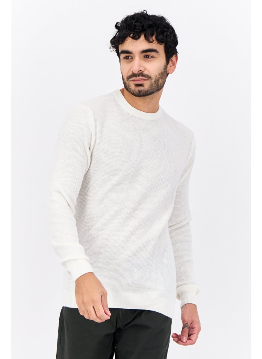 Men Crew Neck Knitted Long Sleeves Sweater, Off White