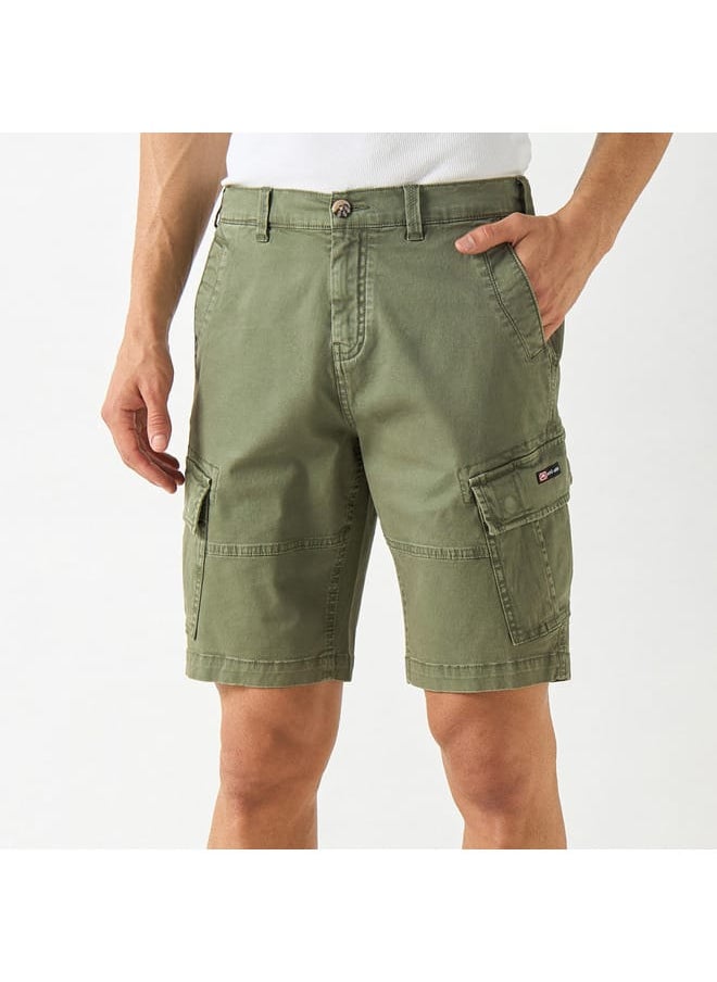 Ecko Unltd Solid Relaxed Fit Cargo Shorts with Button Closure