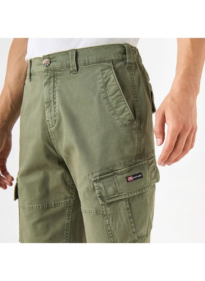 Ecko Unltd Solid Relaxed Fit Cargo Shorts with Button Closure