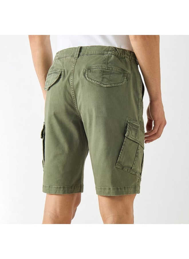 Ecko Unltd Solid Relaxed Fit Cargo Shorts with Button Closure