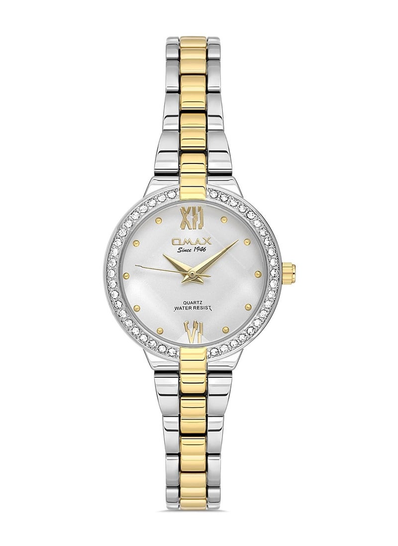 Omax Original Watches for Women Gold Stainless Steel Classic Strap 31mm White Crystal Round Shape Analog Wrist Watch For Woman 100% Waterproof Business Casual Wear Gifts Made in Japan 1 Year Warranty