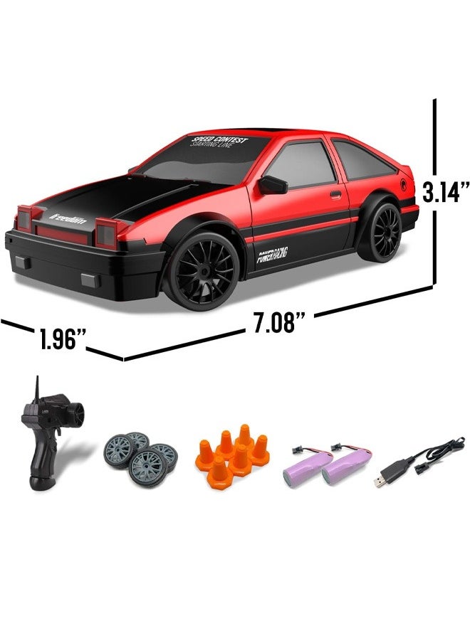 1:24 Scale RC Drift Car, 10MPH 4WD Remote Control Car with LED Light, Racing and Drifting Wheels, 2 Rechargeable Batteries, Toy for Boys, Girls, Kids - Red