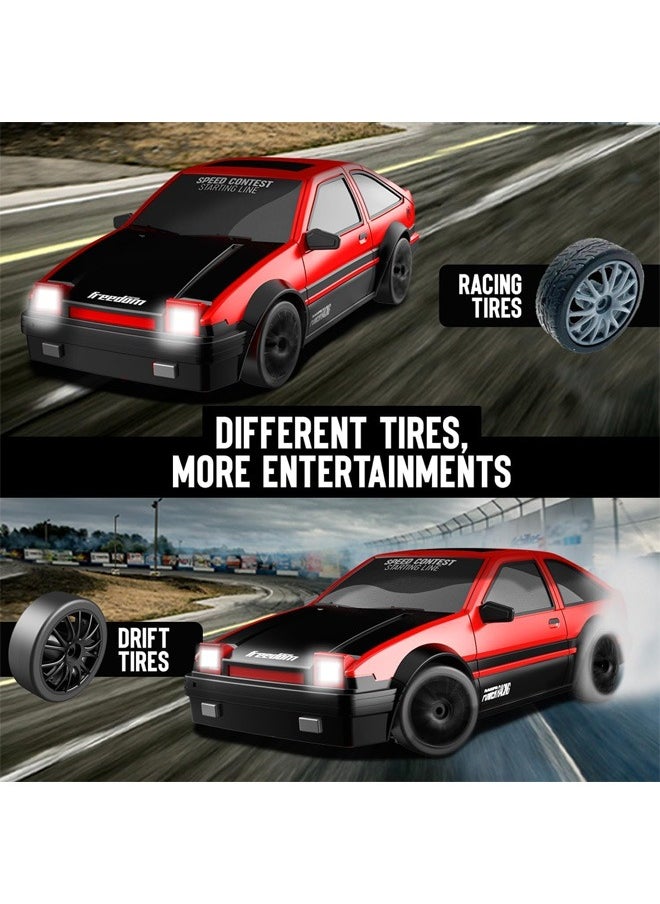 1:24 Scale RC Drift Car, 10MPH 4WD Remote Control Car with LED Light, Racing and Drifting Wheels, 2 Rechargeable Batteries, Toy for Boys, Girls, Kids - Red