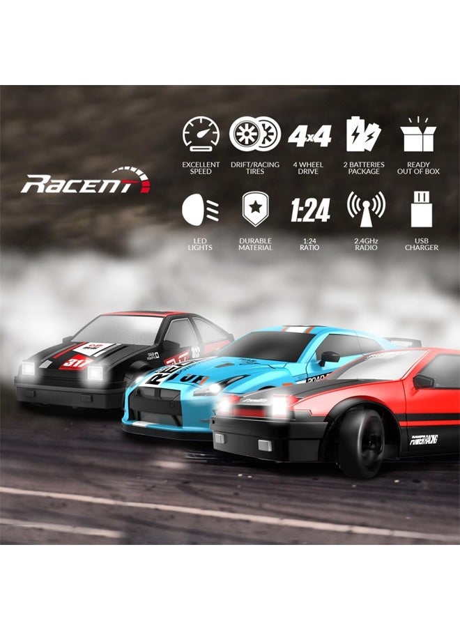 1:24 Scale RC Drift Car, 10MPH 4WD Remote Control Car with LED Light, Racing and Drifting Wheels, 2 Rechargeable Batteries, Toy for Boys, Girls, Kids - Red