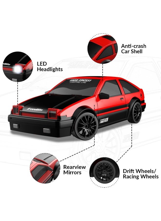 1:24 Scale RC Drift Car, 10MPH 4WD Remote Control Car with LED Light, Racing and Drifting Wheels, 2 Rechargeable Batteries, Toy for Boys, Girls, Kids - Red