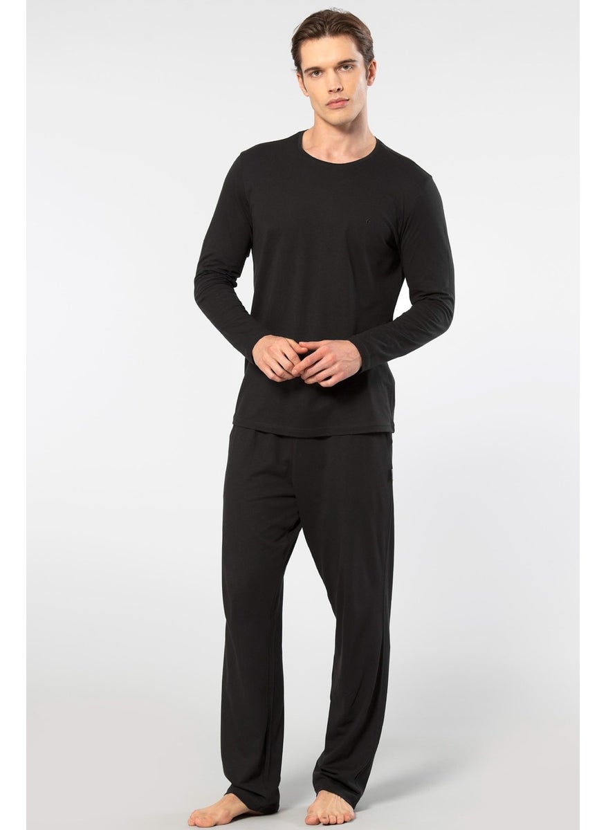 Men's Round Neck Long Sleeve Pajama Set, 50% Modal, 50% Cotton Bottom Pajamas with Pockets