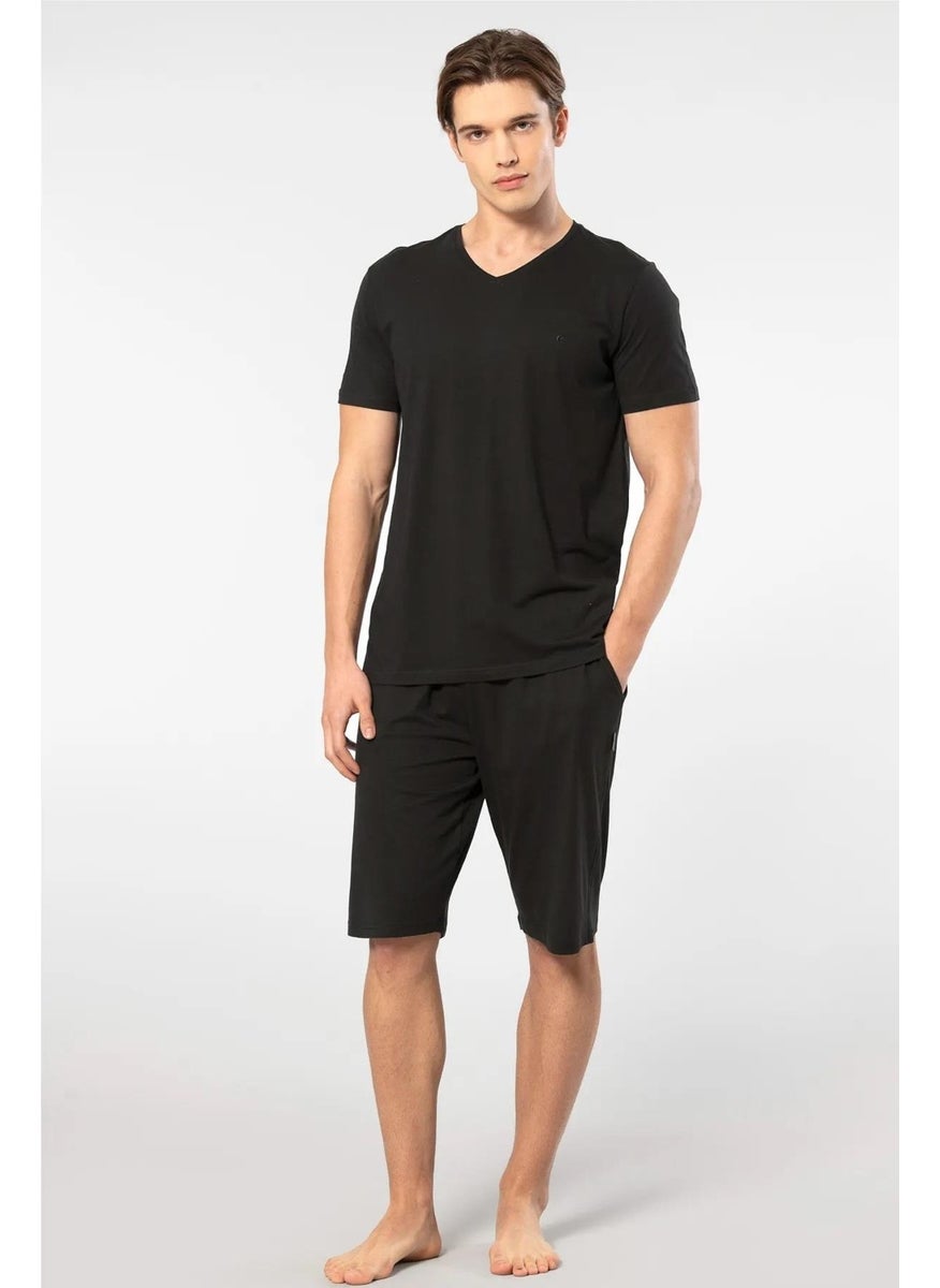 V-Neck T-Shirt and Pocket Bermuda Shorts Set, 50% Cotton 50% Modal