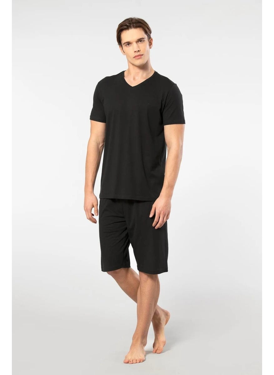 V-Neck T-Shirt and Pocket Bermuda Shorts Set, 50% Cotton 50% Modal