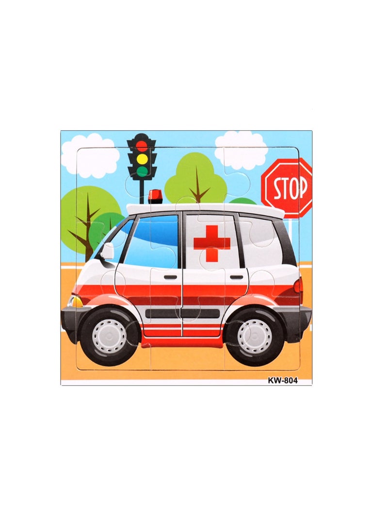 Children's Educational Wooden Cartoon Ambulance Jigsaw Puzzles Suitable Gift 14.8CM*14.8CM Bag Pack