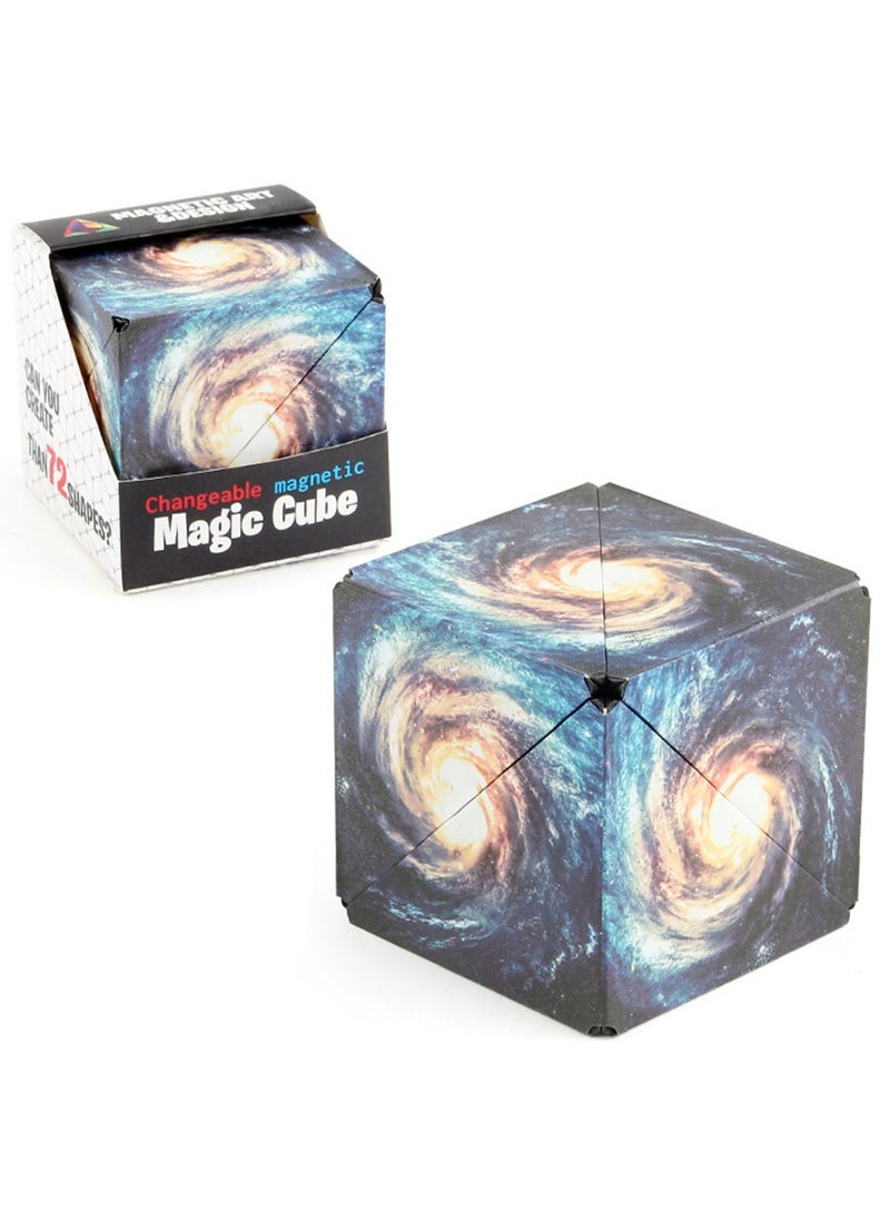 Geometric Three-Dimensional Magnetic Wooden Magic Cube Toy 3d Magnetic Building Blocks Decompression Infinite Flip (Galaxy Cube)