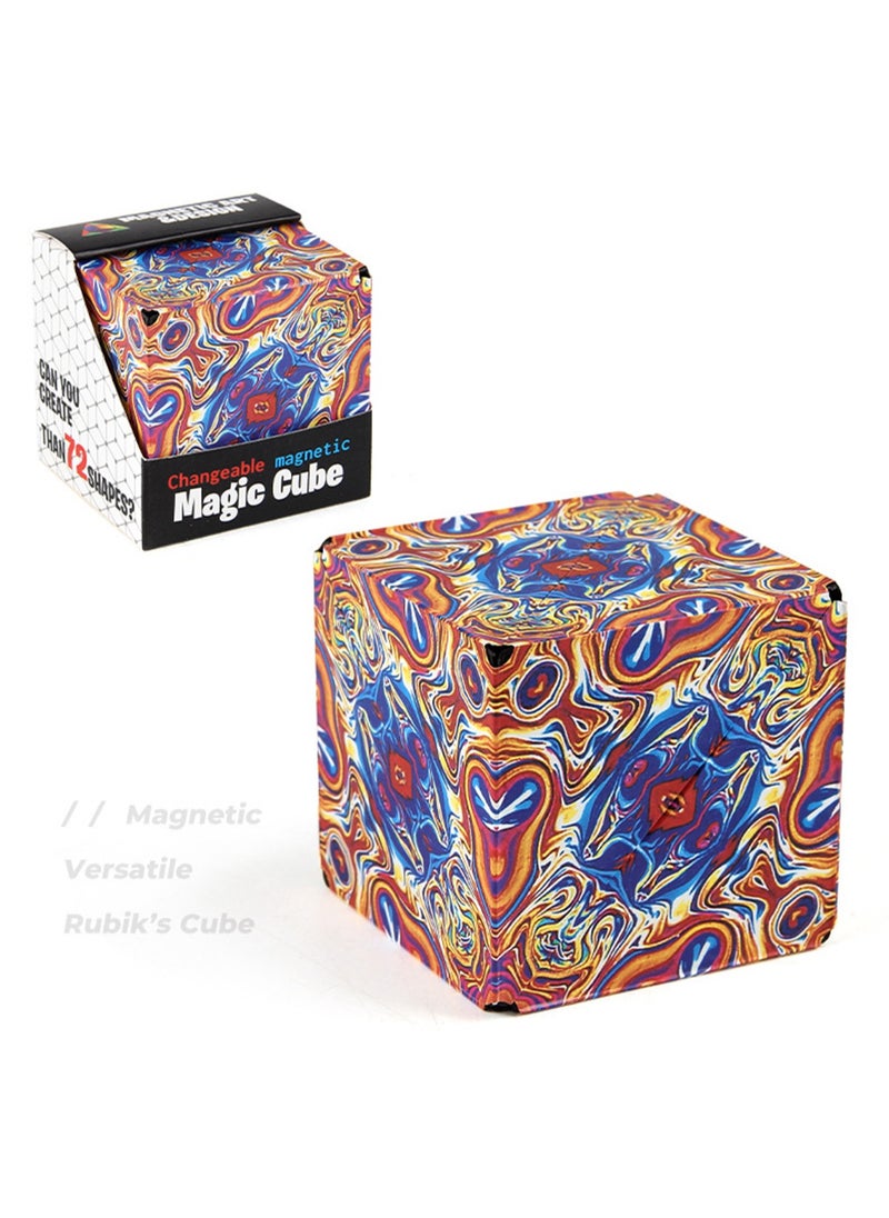 Geometric Three-Dimensional Magnetic Wooden Magic Cube Toy 3d Magnetic Building Blocks Decompression Infinite Flip (Flower Pattern Cube)