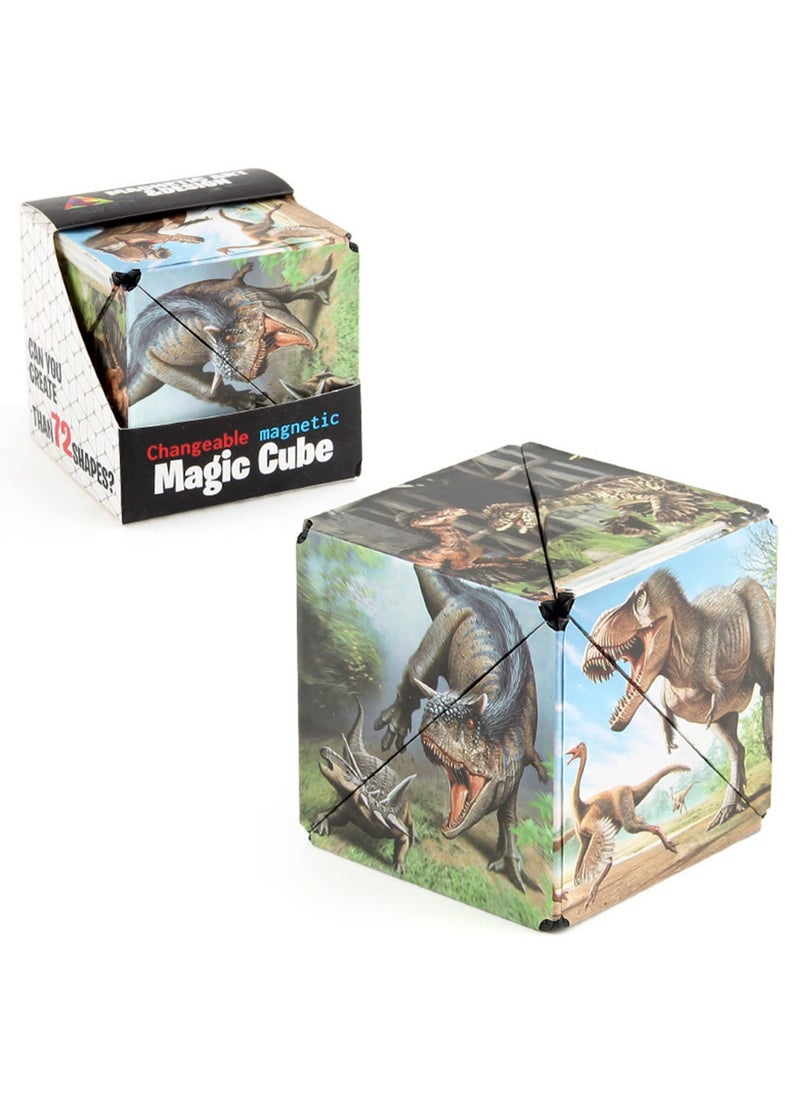 Geometric Three-Dimensional Magnetic Wooden Magic Cube Toy 3d Magnetic Building Blocks Decompression Infinite Flip (Dinosaur Cube)