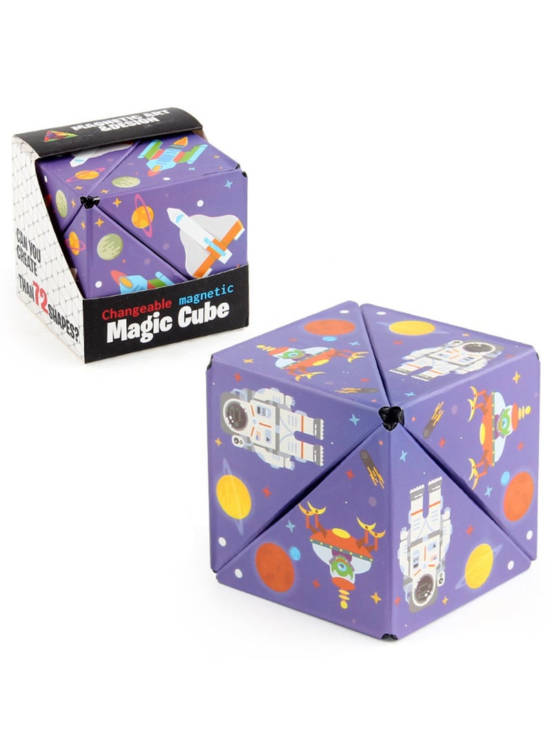 Geometric Three-Dimensional Magnetic Wooden Magic Cube Toy 3d Magnetic Building Blocks Decompression Infinite Flip (Purple Space Cube)