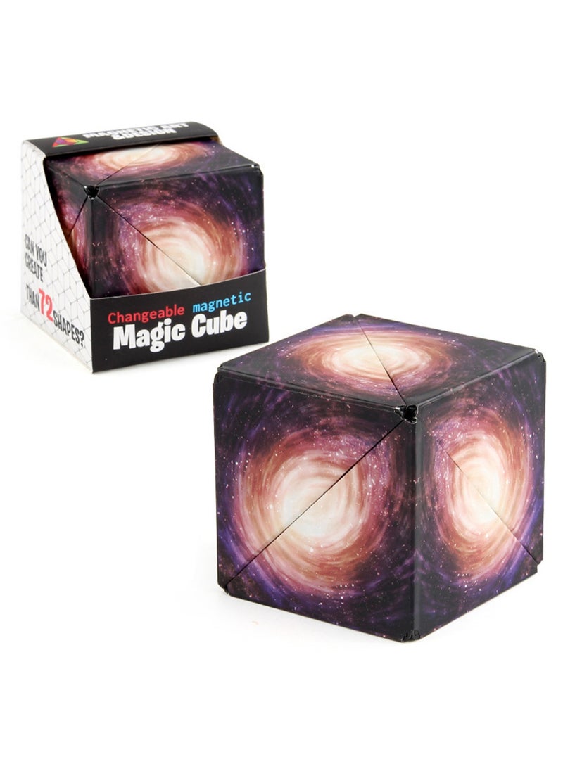 Geometric Three-Dimensional Magnetic Wooden Magic Cube Toy 3d Magnetic Building Blocks Decompression Infinite Flip (Purple Galaxy Cube)