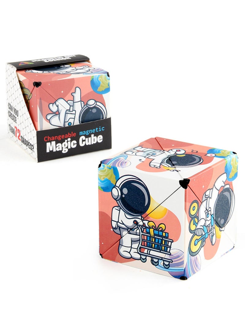 Geometric Three-Dimensional Magnetic Wooden Magic Cube Toy 3d Magnetic Building Blocks Decompression Infinite Flip (Red and White Astronaut Rubik's Cube)