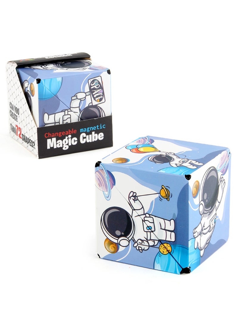 Geometric Three-Dimensional Magnetic Wooden Magic Cube Toy 3d Magnetic Building Blocks Decompression Infinite Flip (Blue and White Astronaut Cube)