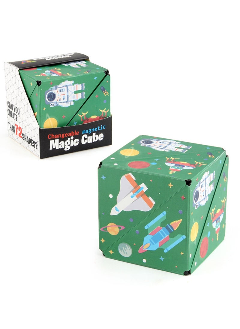 Geometric Three-Dimensional Magnetic Wooden Magic Cube Toy 3d Magnetic Building Blocks Decompression Infinite Flip (Green Space Cube)