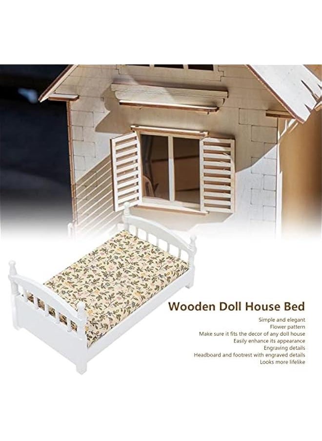 Wooden Doll House Bed 1: 12 Scale Miniature Bedroom Furniture Set with Mattress Pillows