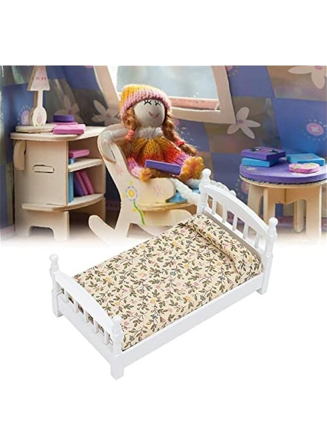 Wooden Doll House Bed 1: 12 Scale Miniature Bedroom Furniture Set with Mattress Pillows