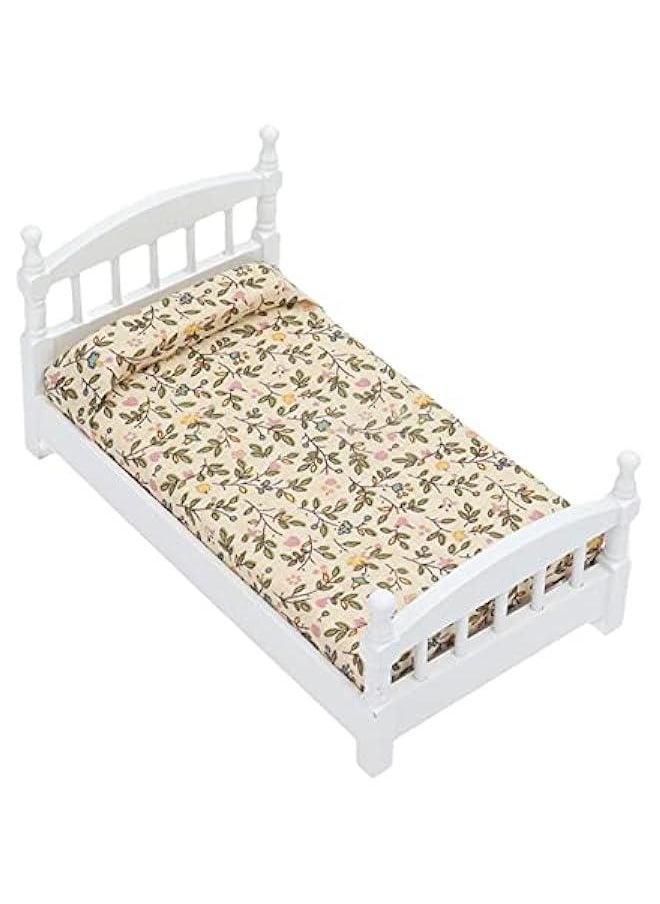 Wooden Doll House Bed 1: 12 Scale Miniature Bedroom Furniture Set with Mattress Pillows