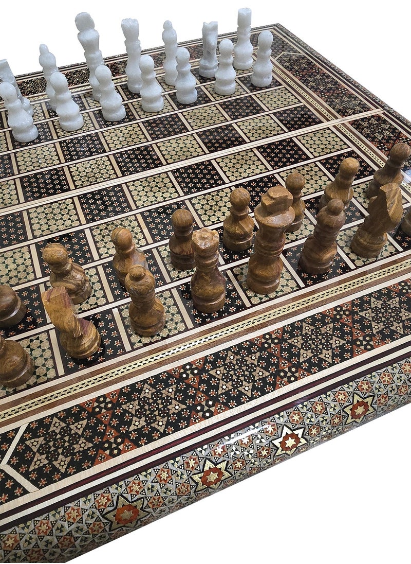 Handmade Khatam Chess and backgammon Set with Marble Stone Pieces – A Timeless Masterpiece Brown