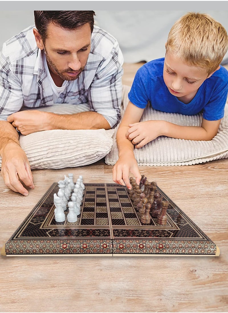 Handmade Khatam Chess and backgammon Set with Marble Stone Pieces – A Timeless Masterpiece Brown