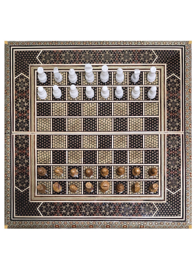 Handmade Khatam Chess and backgammon Set with Marble Stone Pieces – A Timeless Masterpiece Brown