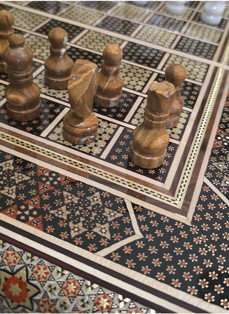 Handmade Khatam Chess and backgammon Set with Marble Stone Pieces – A Timeless Masterpiece Brown