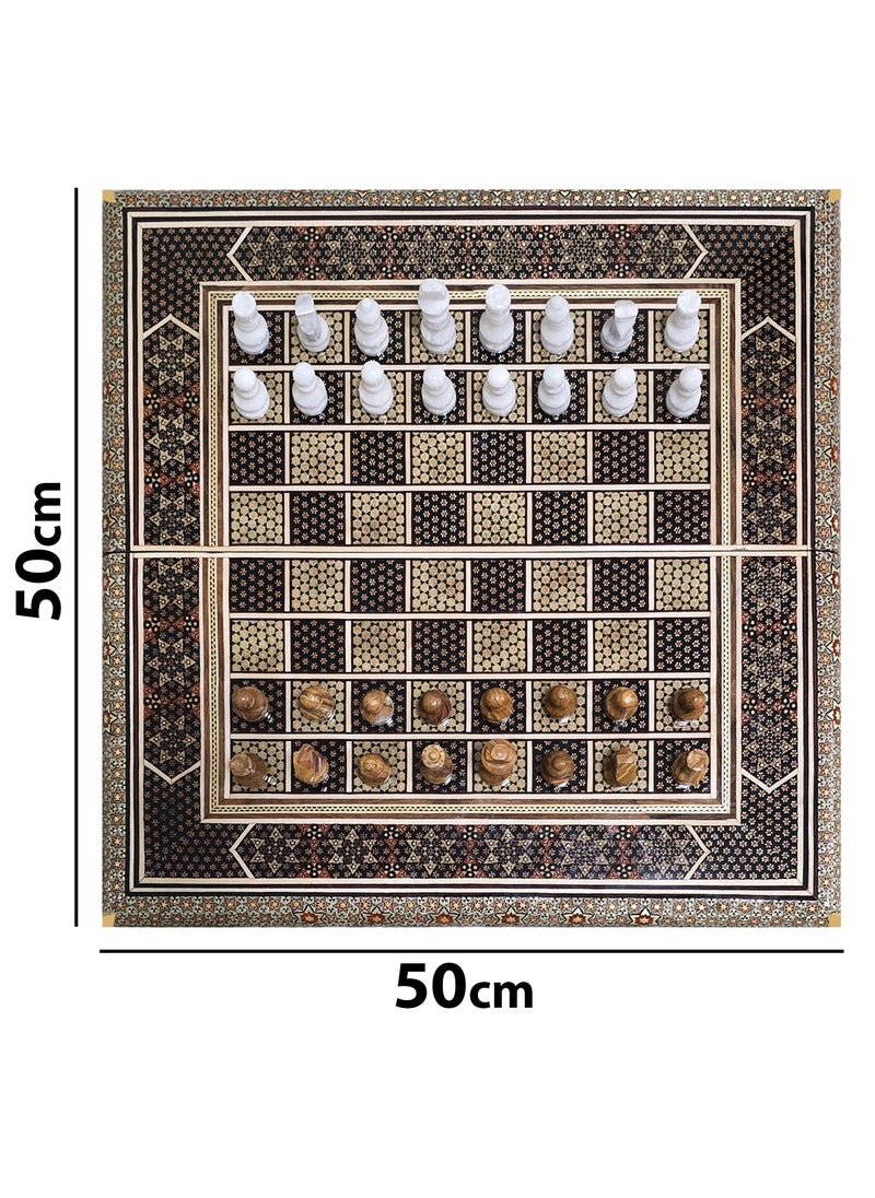 Handmade Khatam Chess and backgammon Set with Marble Stone Pieces – A Timeless Masterpiece Brown