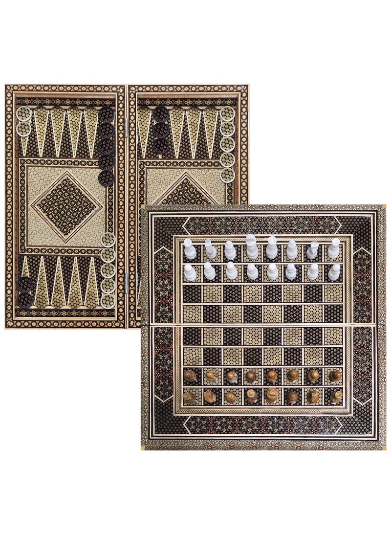 Handmade Khatam Chess and backgammon Set with Marble Stone Pieces – A Timeless Masterpiece Brown