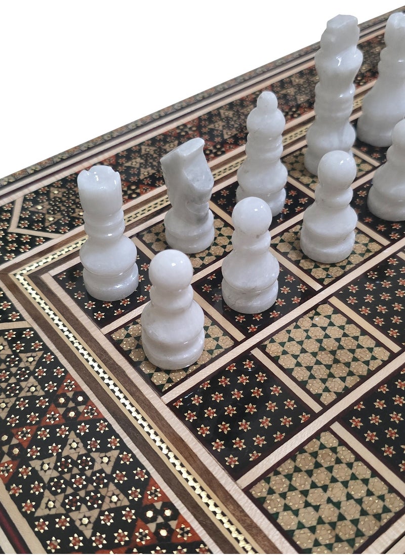 Handmade Khatam Chess and backgammon Set with Marble Stone Pieces – A Timeless Masterpiece Brown