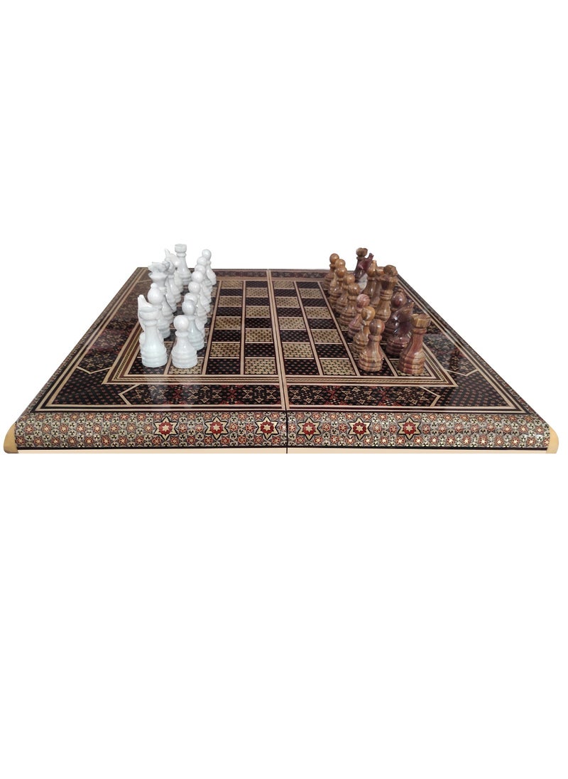 Handmade Khatam Chess and backgammon Set with Marble Stone Pieces – A Timeless Masterpiece Brown