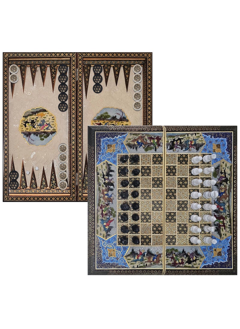 Handmade Khatam Chess and backgammon Set with Marble Stone Pieces – A Timeless Masterpiece Blue