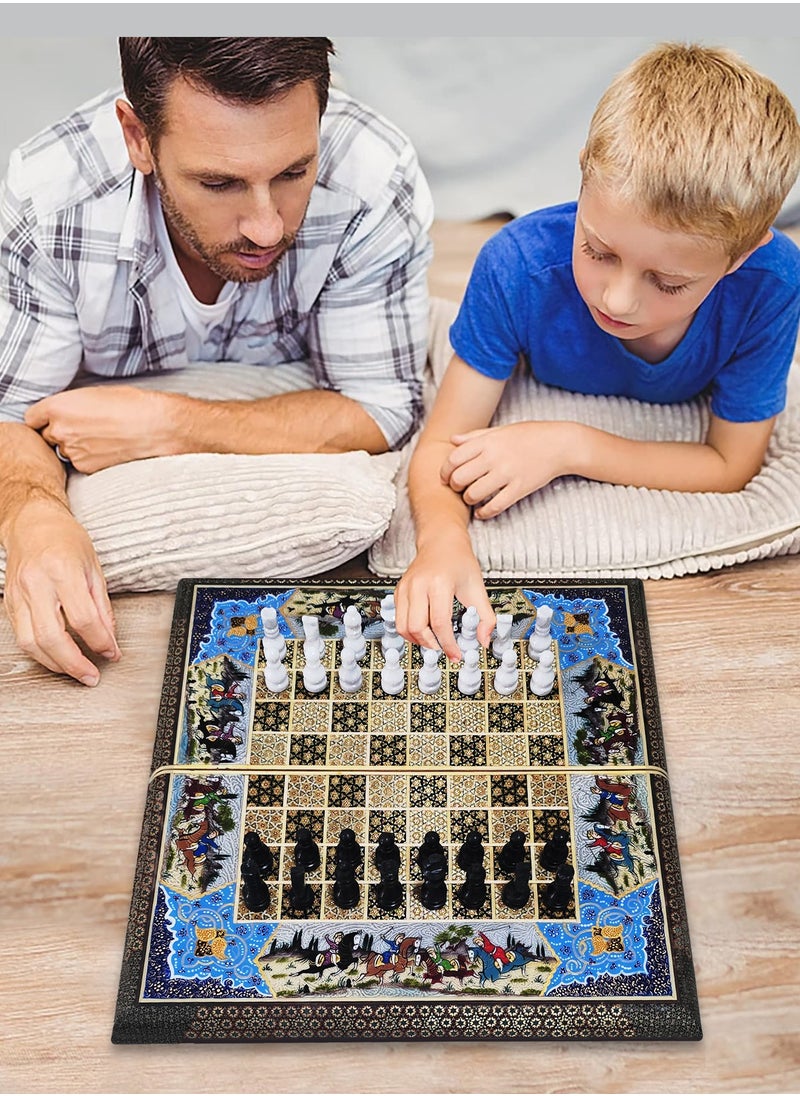 Handmade Khatam Chess and backgammon Set with Marble Stone Pieces – A Timeless Masterpiece Blue