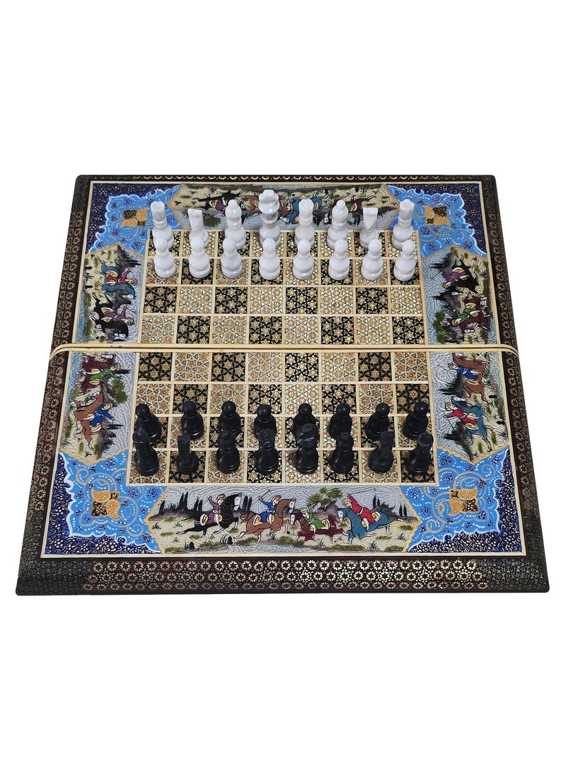 Handmade Khatam Chess and backgammon Set with Marble Stone Pieces – A Timeless Masterpiece Blue