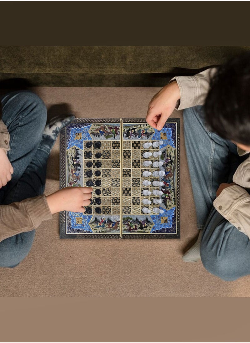 Handmade Khatam Chess and backgammon Set with Marble Stone Pieces – A Timeless Masterpiece Blue