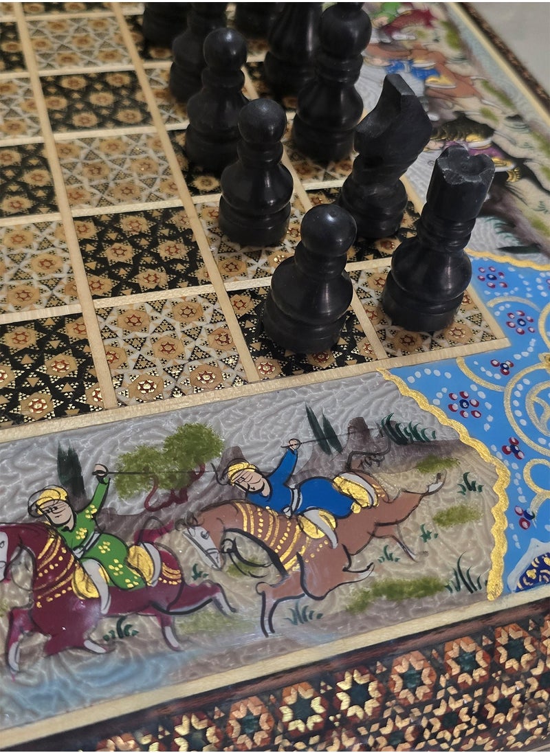 Handmade Khatam Chess and backgammon Set with Marble Stone Pieces – A Timeless Masterpiece Blue