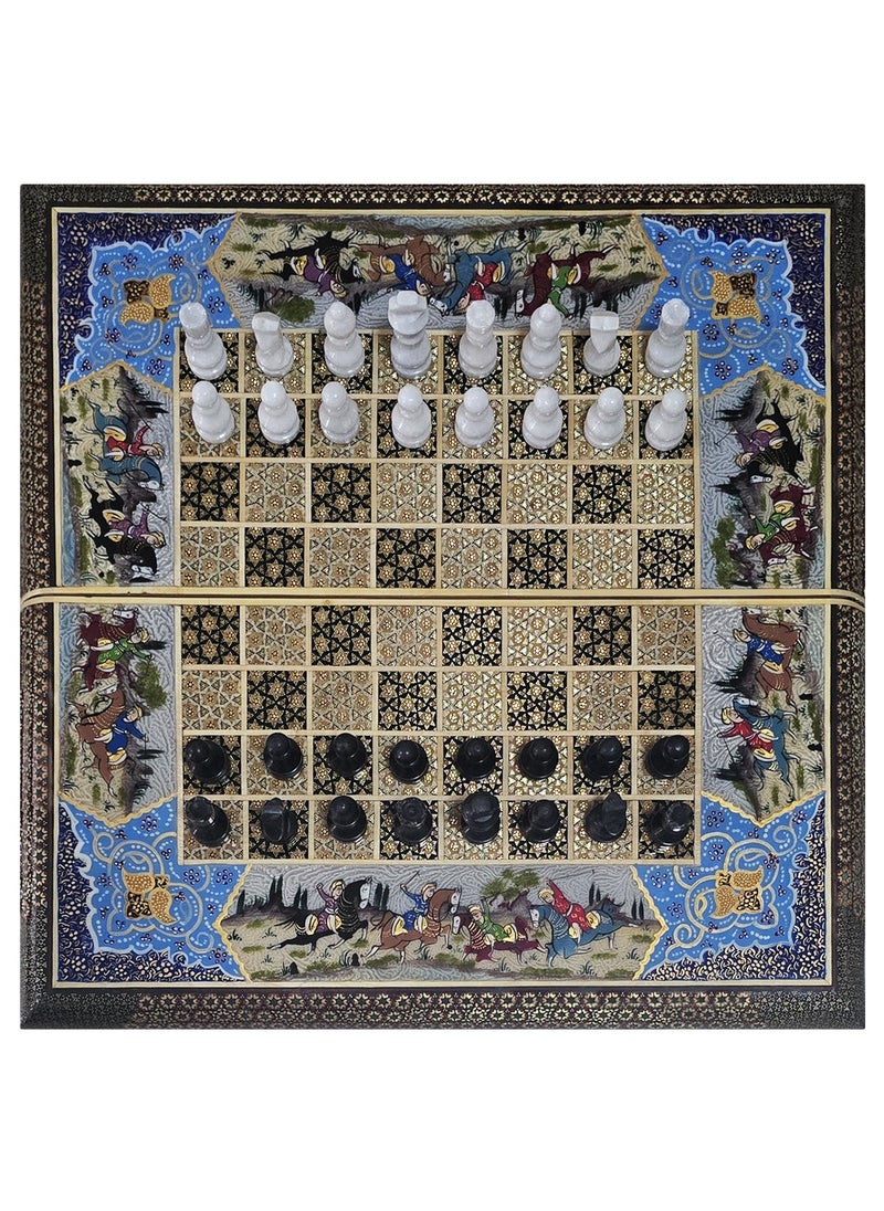 Handmade Khatam Chess and backgammon Set with Marble Stone Pieces – A Timeless Masterpiece Blue