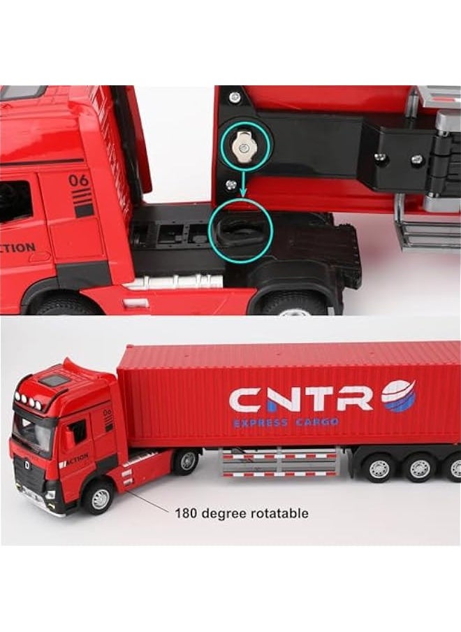 Container Truck Toy Car，Collectible Transport Vehicle Model Car with Lights and Sounds，Pull Back Diecast Toy Gift for Chirdren Red